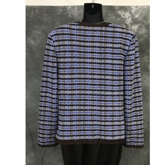 BEAUTIFUL St John collection knit blue brown multi jacket skirt suit size 8 - Picture 8 of 10